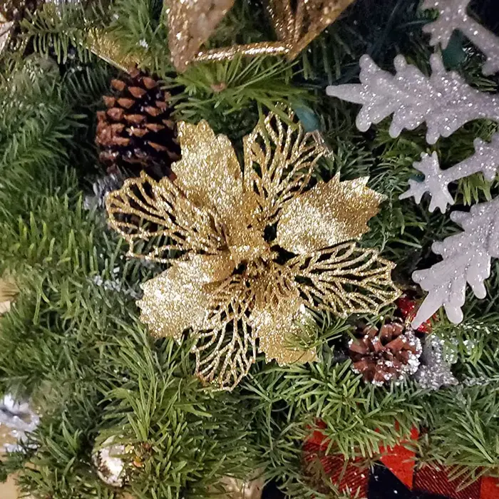 12 pièces Poinsettia fleurs de noël avec Clips paillettes or