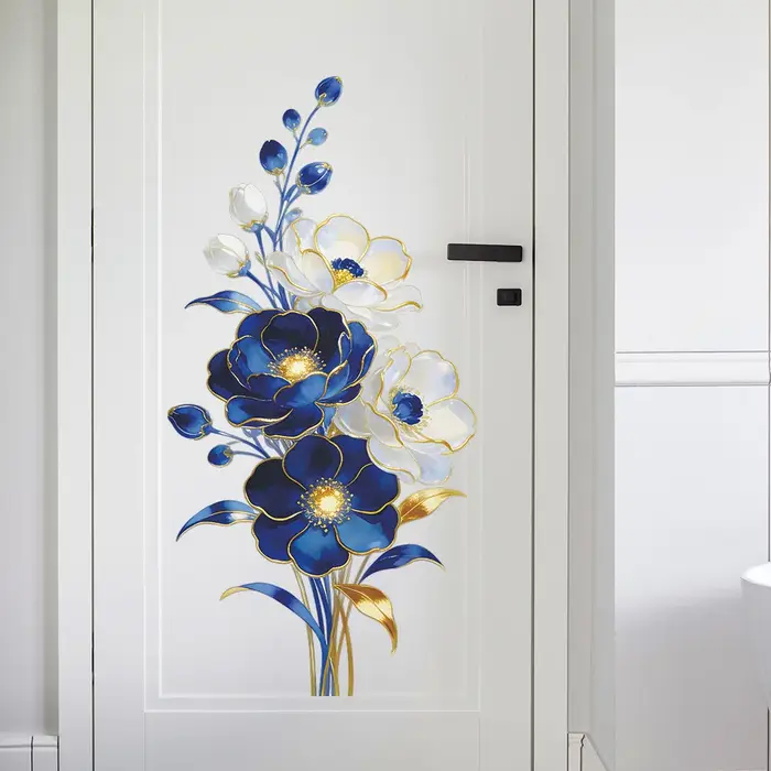 Autocollants muraux décoratifs floraux bleus en relief de style français pour la décoration de la maison