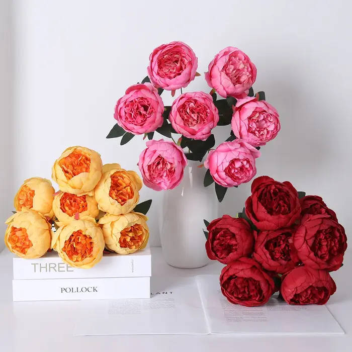 Bouquet de 7 grandes pivoines artificielles en soie pour mariage en extérieur