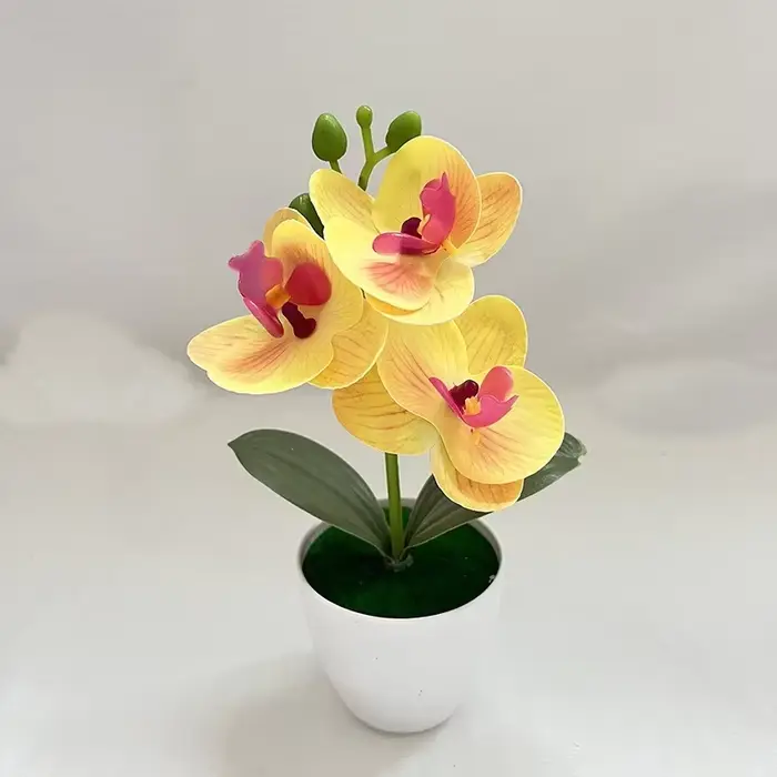 Mini Plante en Pot Artificielle Orchidée Papillon à 3 Fleurs, Accessoire Végétal Vert pour Décoratio