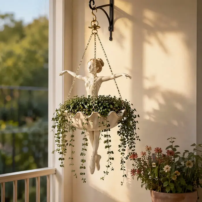 Support de plante en forme de danseuse de ballet avec crochet supérieur et trois chaînes, support de présentation de plantes, installation facile et polyvalent pour la décoration de jardin