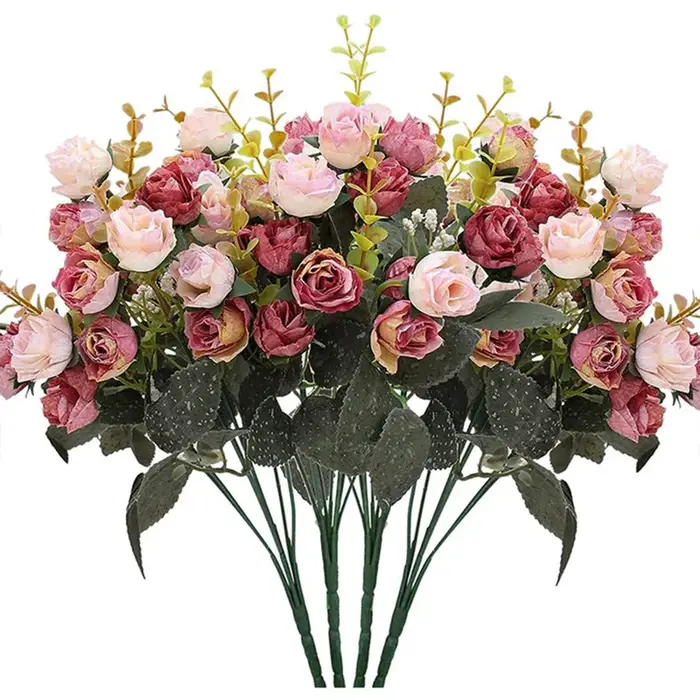 Rose artificielle en soie, 7 fourchettes, 21 têtes, pour Bouquet de mariage, Arrangement de maison, 