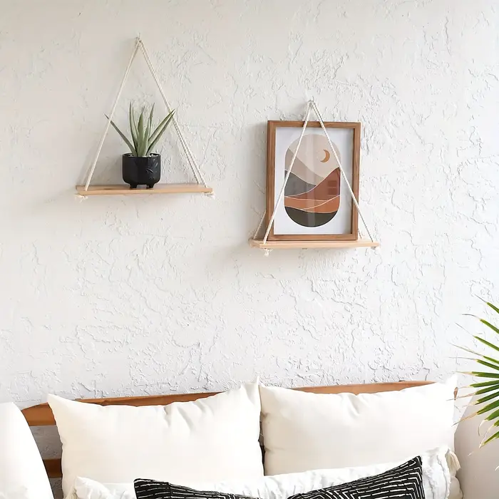 Étagères flottantes de style bohème en 2 parties - Ensemble d'étagères murales en bois pour plantes en pot et décoration