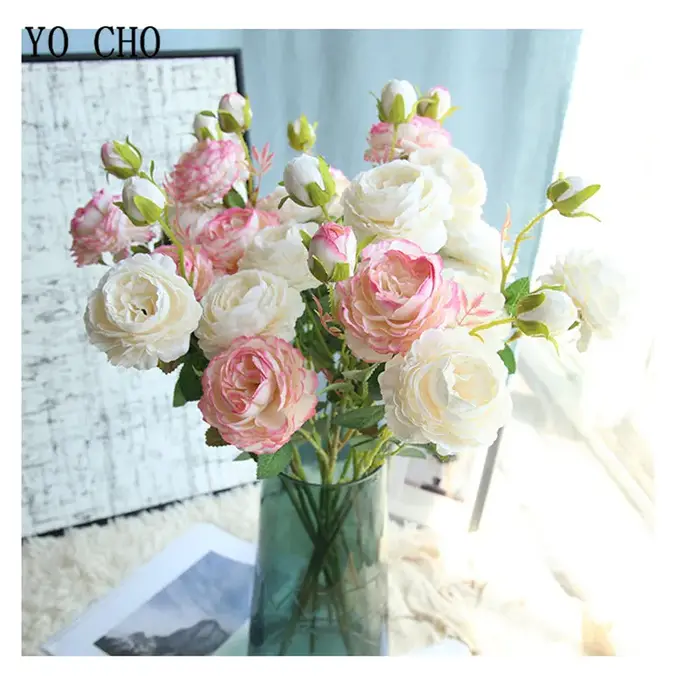 YO CHO Blanc Rose Pivoines Fleur Artificielle Bouquet De Fleurs En Soie 3 Têtes