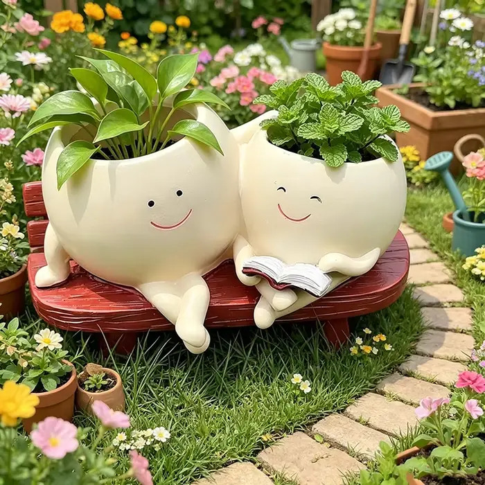 Pot de fleurs en résine mignon pour plantes succulentes, décoration intérieure et extérieure, pot à double tête, décoration de bureau unique
