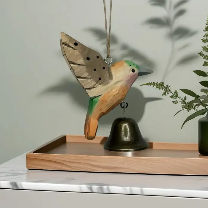 Figurine d'oiseau colibri sculptée à la main en bois avec clochette, sculpture d'oiseau en vol au so