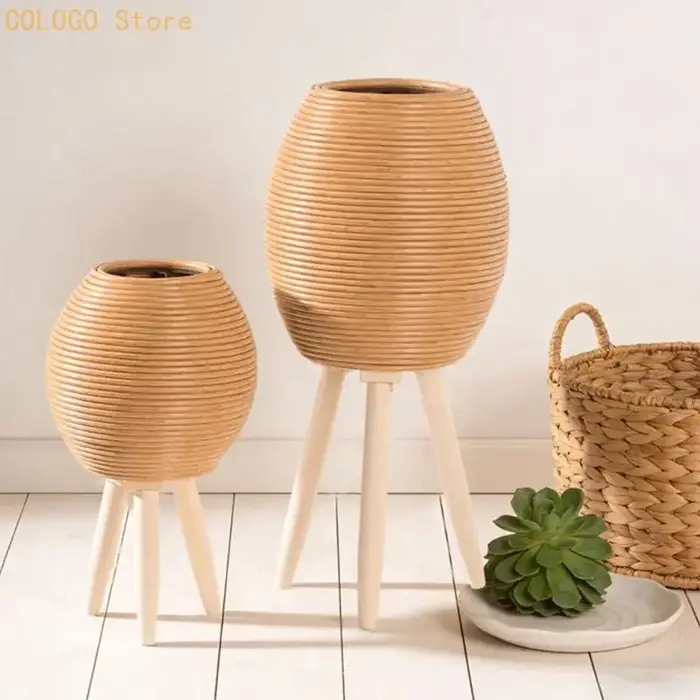 Pot fleur artistique en plastique bois, design tissé à main pour petite plante D0LD