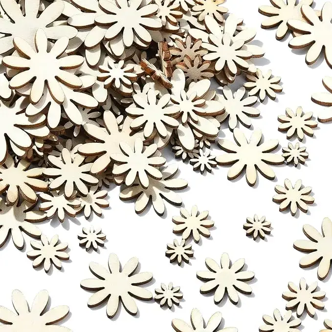 50/100 Pièces de Découpes Florales en Bois Non Finies
