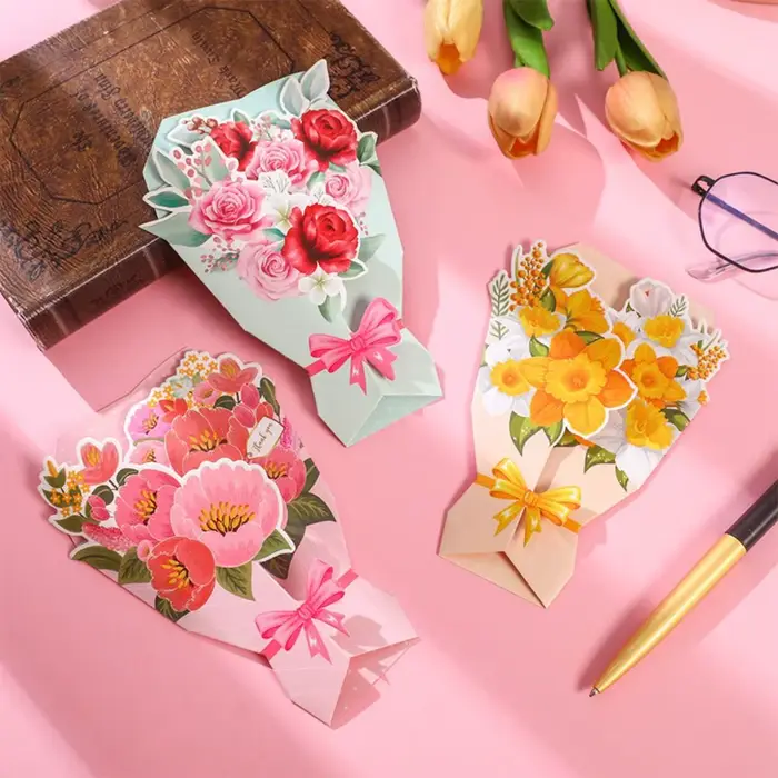 Carte de vœux 3D Fleurs en papier Tournesol/Rose/Œillet