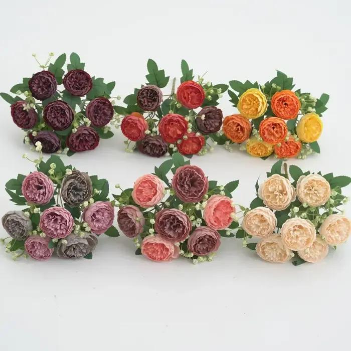 Fleurs artificielles d'aloès vert, 7 têtes, peinture à l'huile, Bouquet de pivoines, fausses fleurs en soie, Simulation de pivoines Orange, décoration de mariage