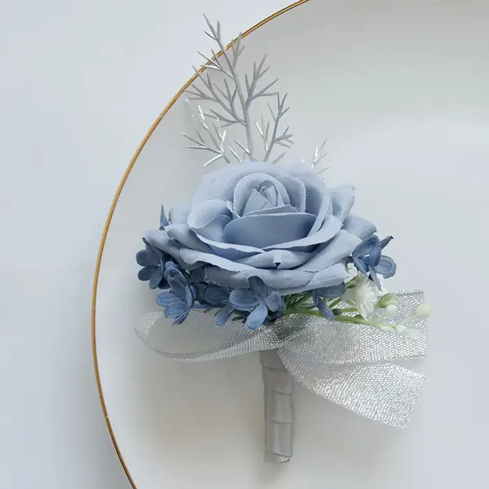 Bouquet de fleurs artificielles pour mariage, fleur boutonnière, bleu brume, fête d'affaires, ouvert
