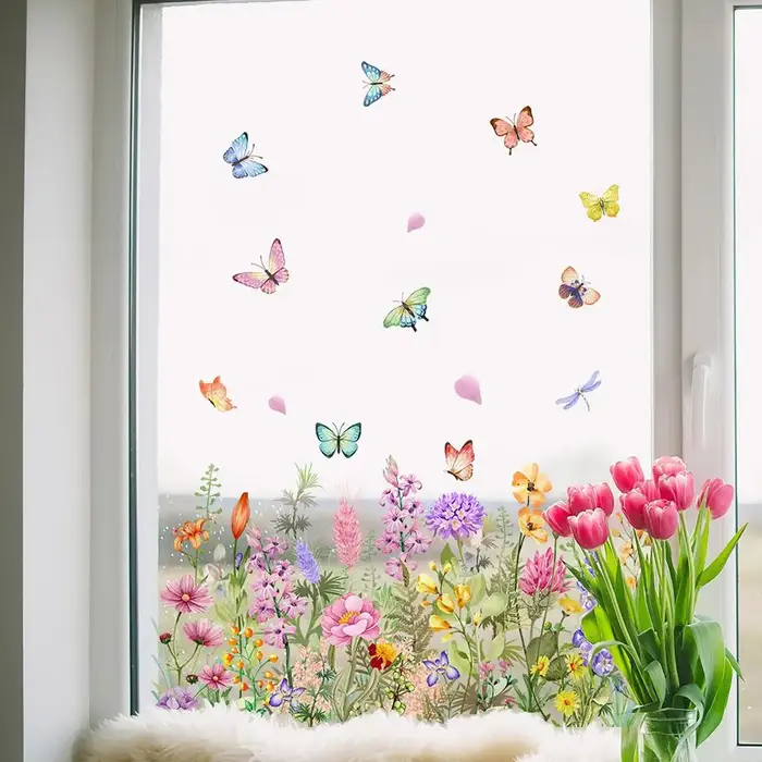 Autocollant mural statique coloré papillon et fleur