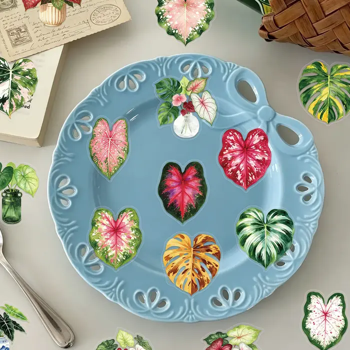 Ensemble de 50 autocollants représentant des plantes de caladium en pot, idéal pour décorer un ordinateur portable, un téléphone, une valise, une guitare, un carnet, une bouteille d’eau, un skateboard