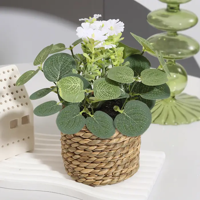 XIYA FLOWER Plantes artificielles vertes, fleurs d'eucalyptus, petites plantes en pot tressées, grap