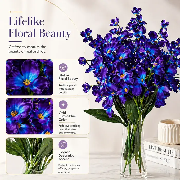 5 pièces de fleurs d'orchidées artificielles violettes et bleues de 27 pouces pour bouquet de mariage