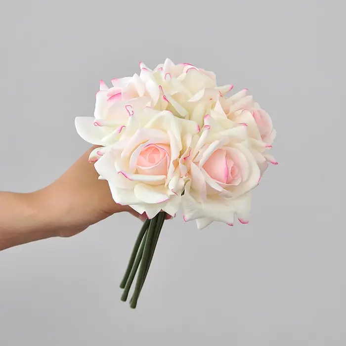 Bouquet de 5 roses bouclées avec sensation d'humidité artificielle, fleurs en soie haut de gamme pou
