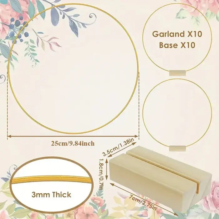 10 cerceaux floraux ronds en métal de 25 cm avec bases en bois pour décoration de table de mariage