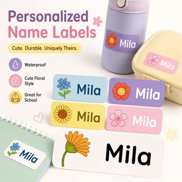 Étiquettes nominatives personnalisables imperméables sur le thème des fleurs, autocollants personnalisés, parfaits pour l'école, les bouteilles d'eau, la papeterie et les livres