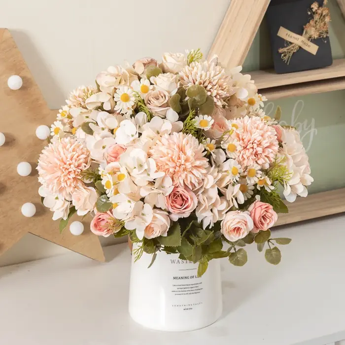 6PCS Fleurs Artificielles Camomille Mariage Maison Chambre Décoration Bouquet De Mariée Jardin Soie Roses Vase Conseil Extérieur Bricolage Cadeaux