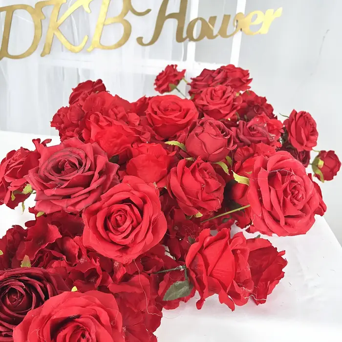 2m rose rouge plantes vertes artificielles fleur rangée coureur mariage toile de fond centre