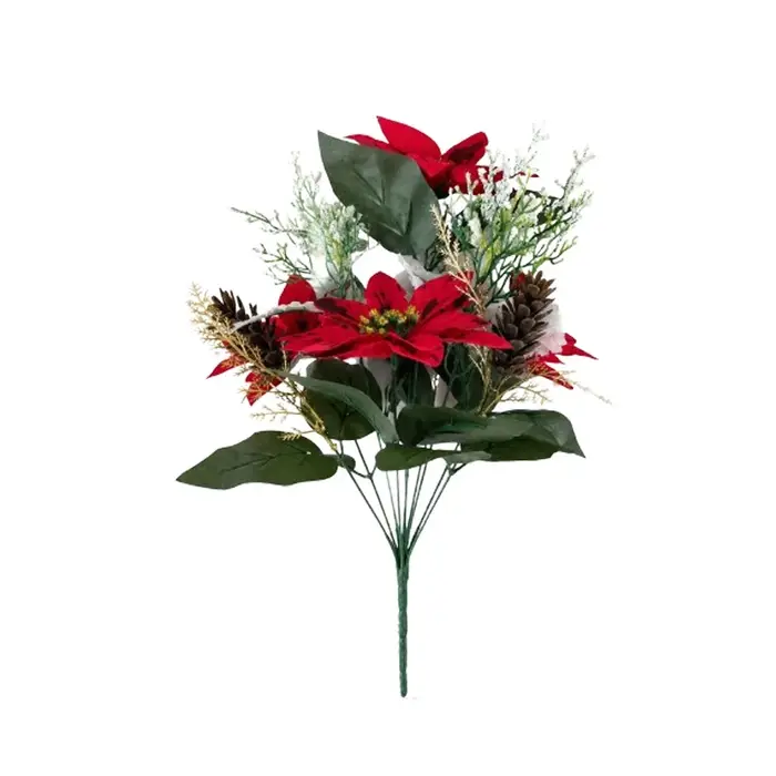 Bouquet de Poinsettias Artificiels Résistants aux UV, Feuilles Luxuriantes Réalistes, Baies de Poinsettia, Bouquet Floral, Aiguilles de Pin, Cônes de Pin