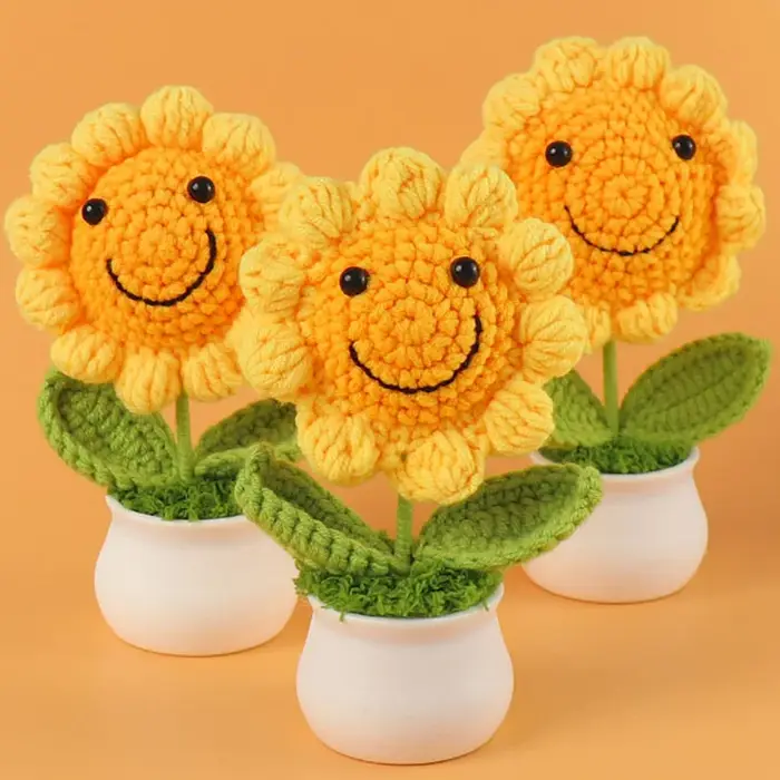 1 pièces fleurs artificielles créatives mignon Crochet Pots de tournesol tricoté fleur à la main cadeau maison cadeaux d'invité de mariage décor de bureau