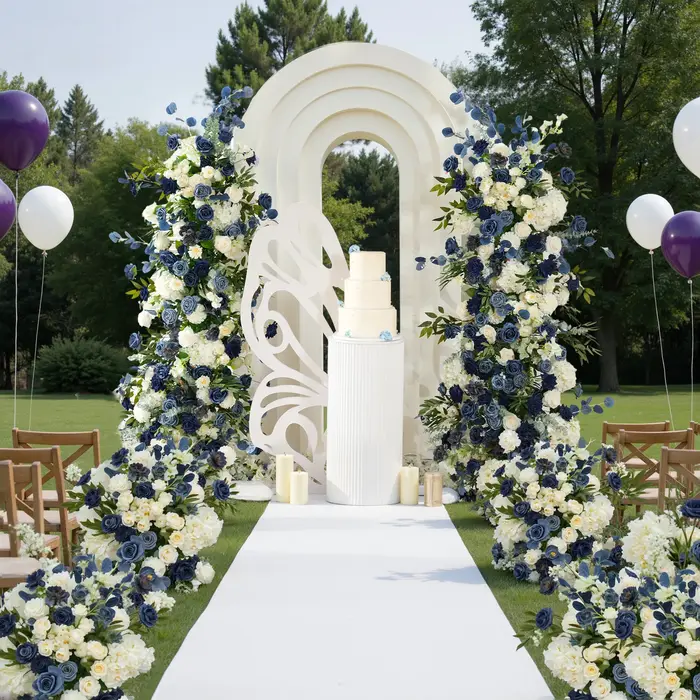 Angela fleur A9032 bleu blanc Rose verdure KT conseil Arrangement Floral mariage toile de fond événement