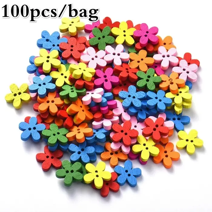 Boutons décoratifs en bois à fleurs mélangées, 100 pièces, 14x15mm, 2 trous, adaptés à la couture de
