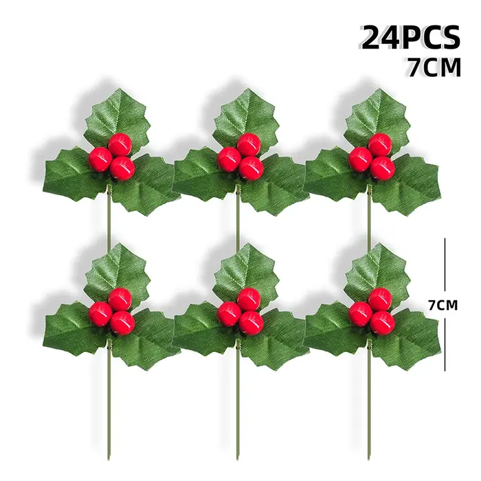 Feuilles de baies rouges de houx artificielles, 24 pièces, pour Bouquets de couronne de noël, bricol
