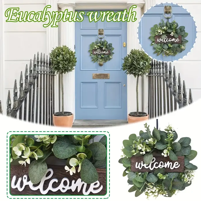 Couronne d'eucalyptus vert avec signe de bienvenue