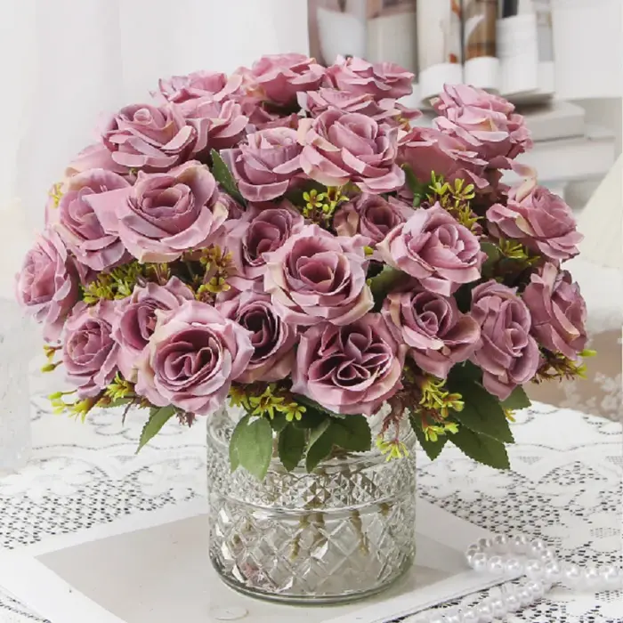 Vert Aloes 2 pièces fleurs artificielles soie Rose Bouquet chambre décoration fausse fleur Simulation parfumé miel blanc Roses