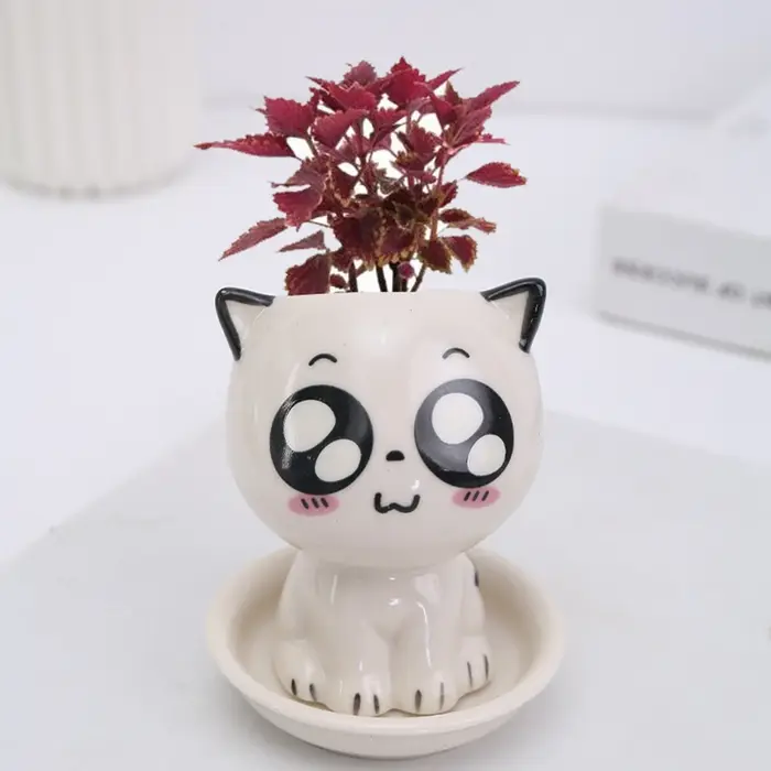 Mini Pot de Fleurs en Céramique en Forme de Chat, Plante en Pot de Dessin Animé Mignon, Expression d