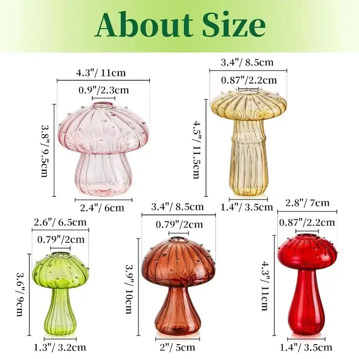 5Pcs Glass Mushroom Flower Vase Cute Colored