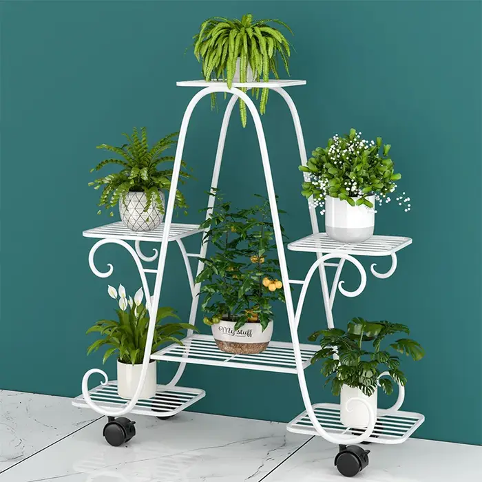 Support de fleurs en fer forgé, support de pot de fleur domestique mobile multicouche du sol au plafond