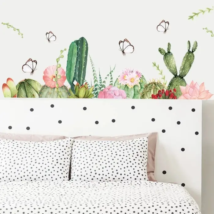 Autocollant mural Cactus vert papillon, papier peint amovible fleur salon chambre à coucher