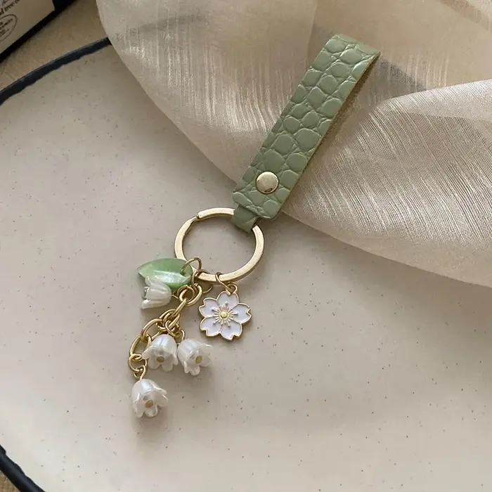 Porte-clés en cuir fleur de muguet pour femmes, mode coréenne, doux, vert, accessoires Fairycore, no