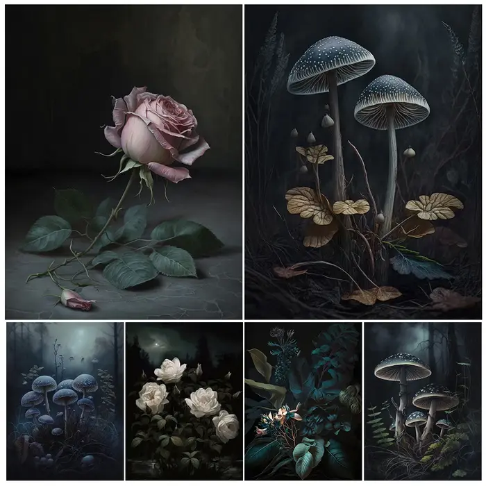 Peinture sur toile d'art mural floral botanique sombre