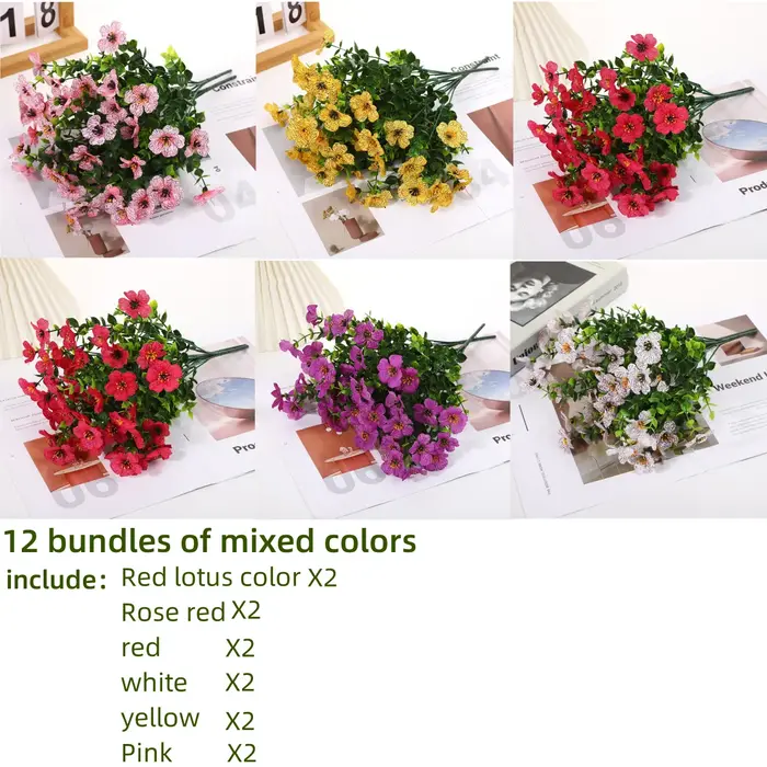 Lot de 12 fleurs de marguerite artificielles résistantes aux UV, couleurs mélangées, buis en fausse