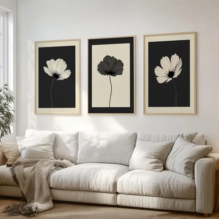 Lot de 3 tableaux muraux floraux noirs et beiges