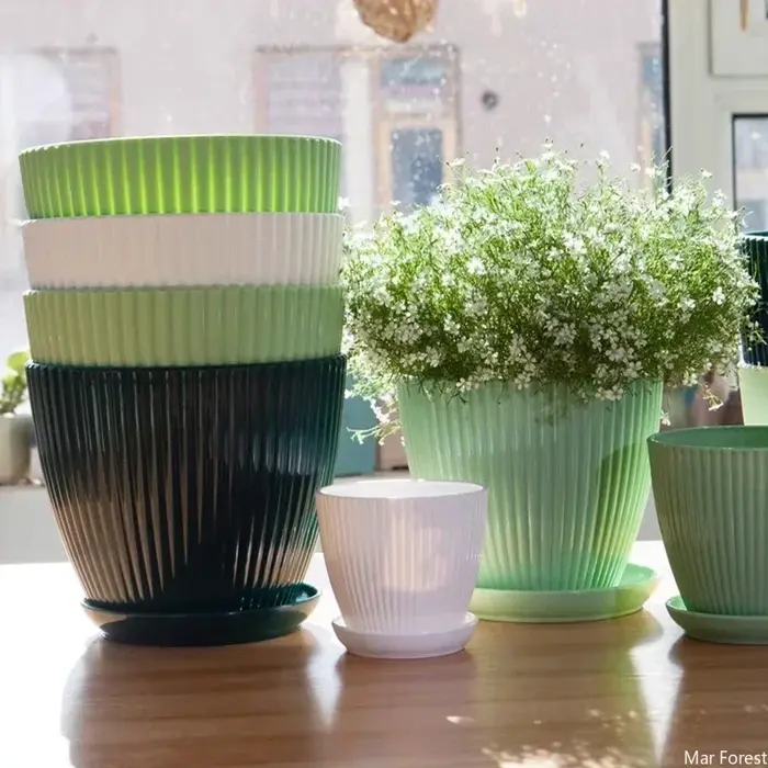 Pot de fleur en plastique plantes rondes succulentes Pot jardinières à rayures verticales avec plateau décoration intérieure de bureau à domicile
