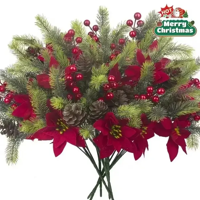 3 pièces de poinsettias artificiels réalistes avec baies rouges et feuillage vert pour décoration de couronne de mariage ou de fête à domicile.