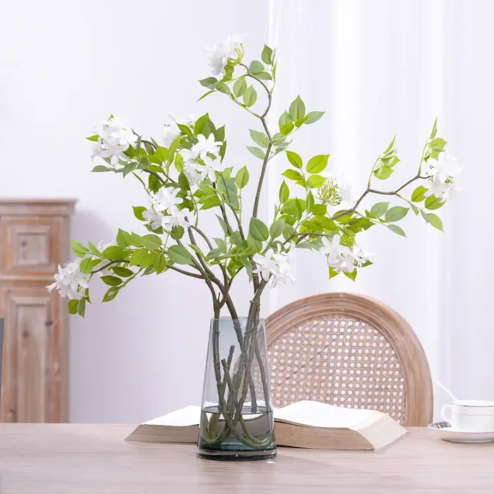 X1015 Branche Artificielle Plante Verte Chrysanthème Fleur Blanche Décoration de Table Maison Vase Composition Florale