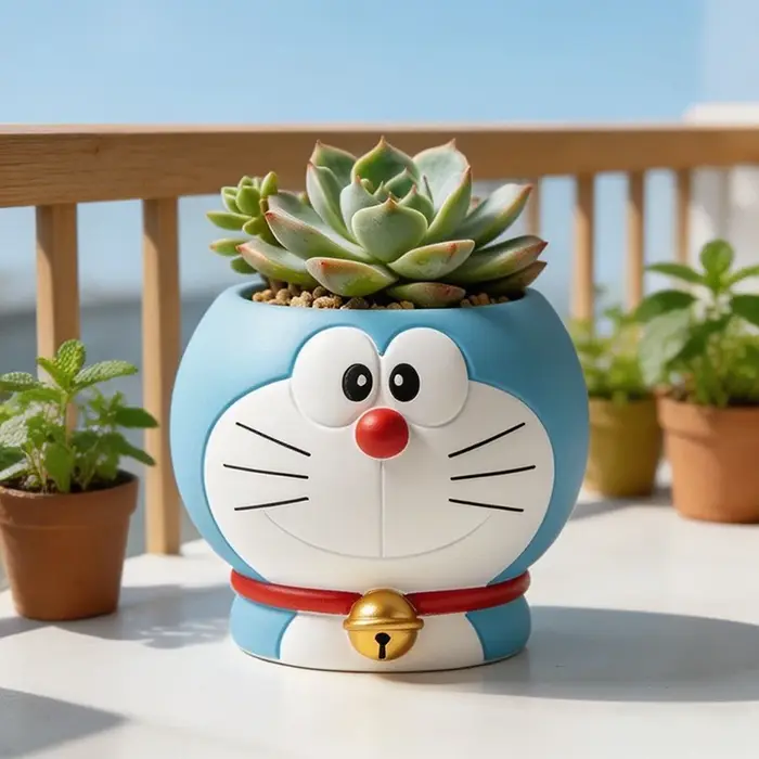 Pot de fleurs succulentes Doraemon, pot à plantes kawaii, mini pot de plantes d'intérieur, décoration de bureau, décoration de jardin, ornement, cadeau parfait