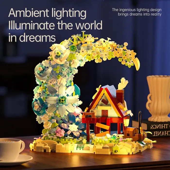 Ensemble de blocs de construction DIY LED Maison en bois et Cabane florale