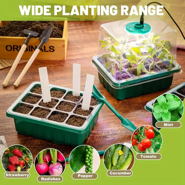 Lot de 1/2/3 plateaux de germination de graines à 12/24/36 alvéoles avec 8 lampes LED de croissance et dômes d'humidification, kit de démarrage pour plantes d'intérieur