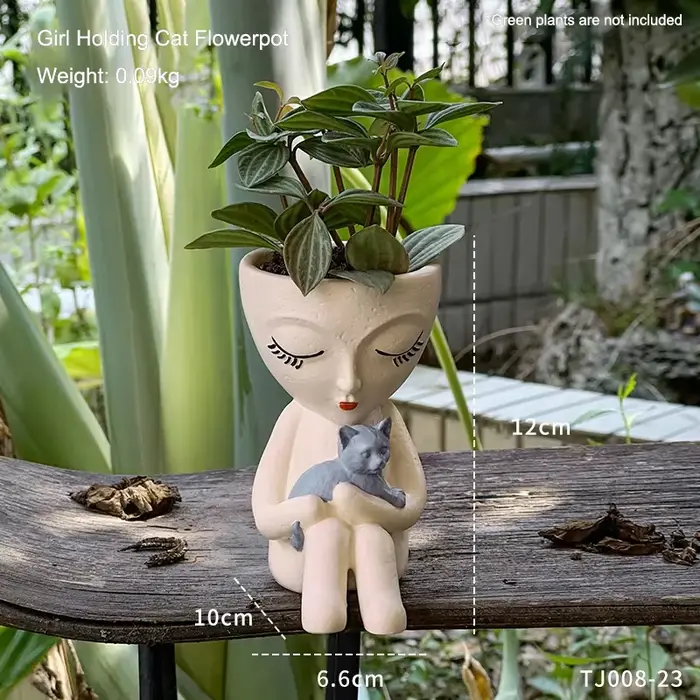 Pot de fleurs créatif en forme de fille assise tenant un chat, pour plantes succulentes, décoration 