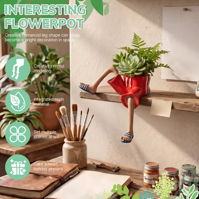 Jardinière créative unique en forme de jambe humaine avec trou de drainage, pots de fleurs pour succulentes, cactus et petites plantes vertes