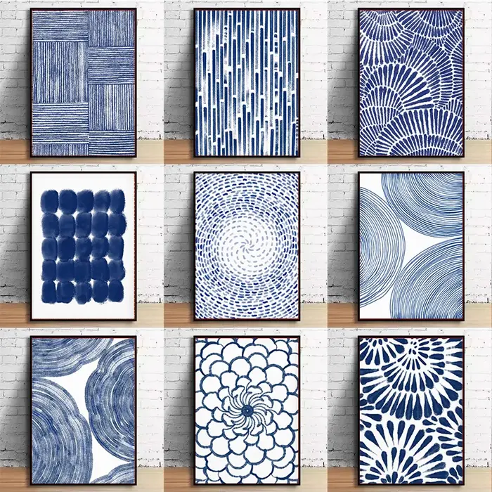 Affiche de fleur à points de ligne bleue aquarelle minimaliste