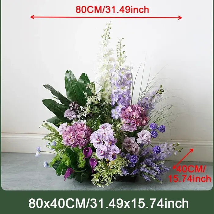 Hydrangée violette, plantes vertes, feuilles, fleurs au sol, décoration de fond de mariage, rangée d