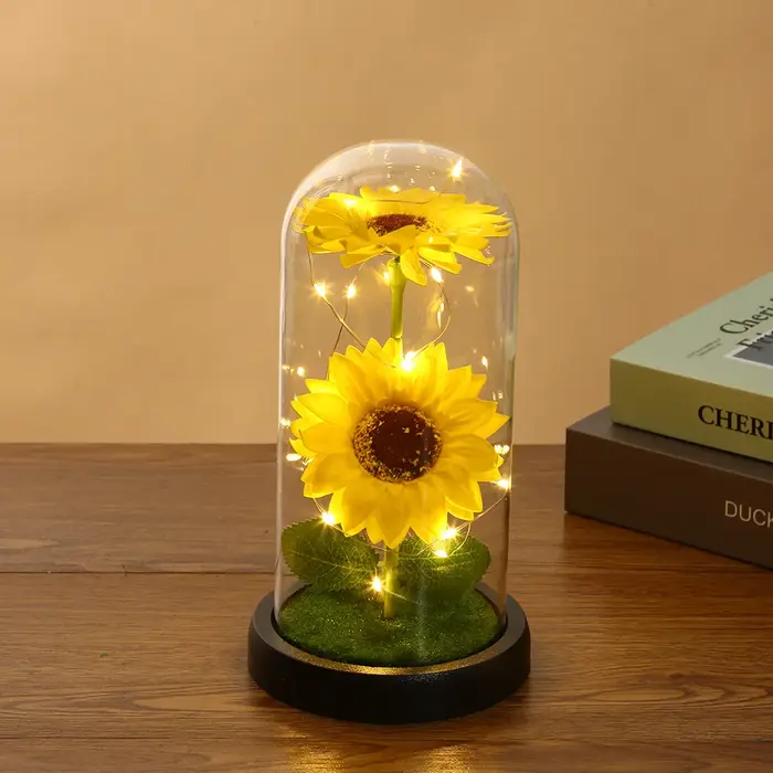 Tournesol éternel en dôme transp – Fleur artificielle éclairée par LED